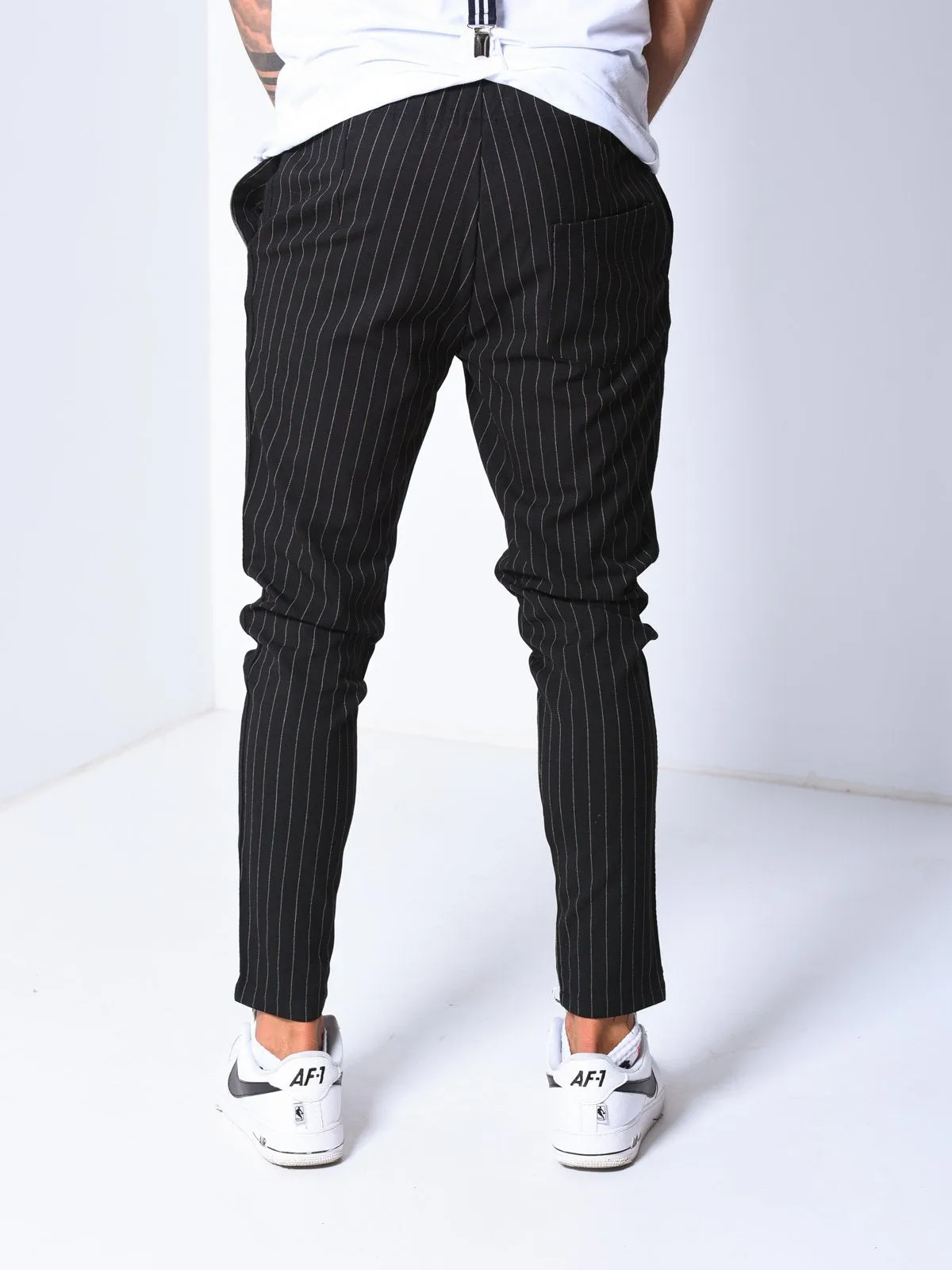 Premium Striped Ankle Pants - Black