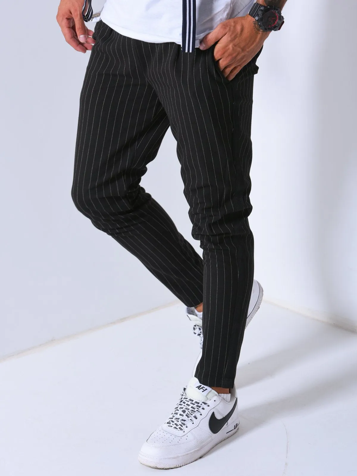 Premium Striped Ankle Pants - Black