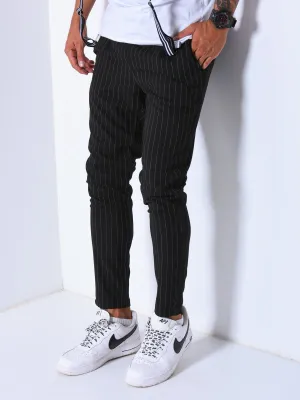 Premium Striped Ankle Pants - Black