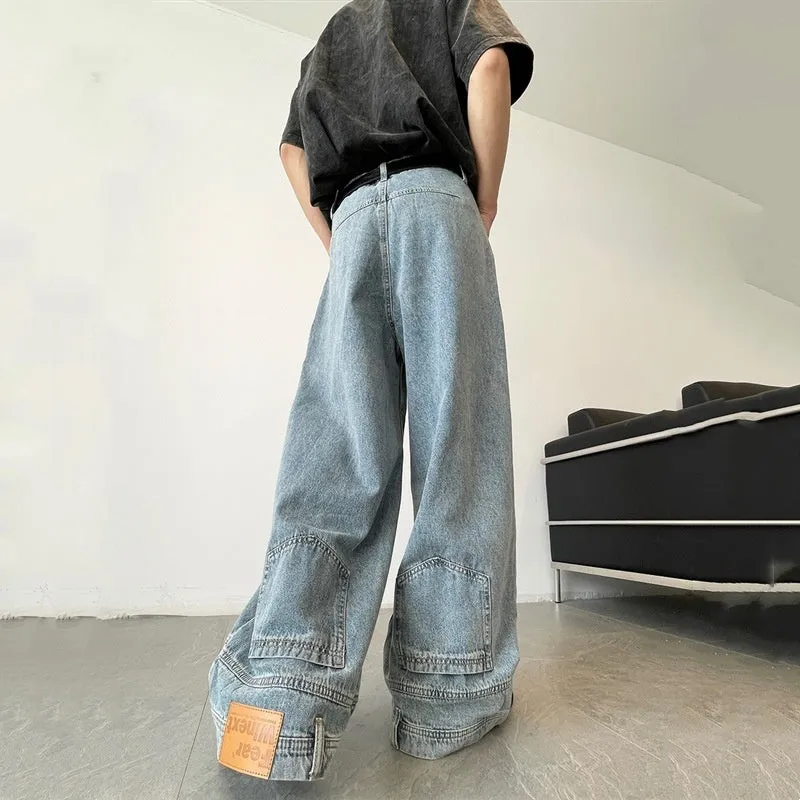 Retro Reverse Pocket Flip-down Jeans Men's Washed Wide-leg Pants