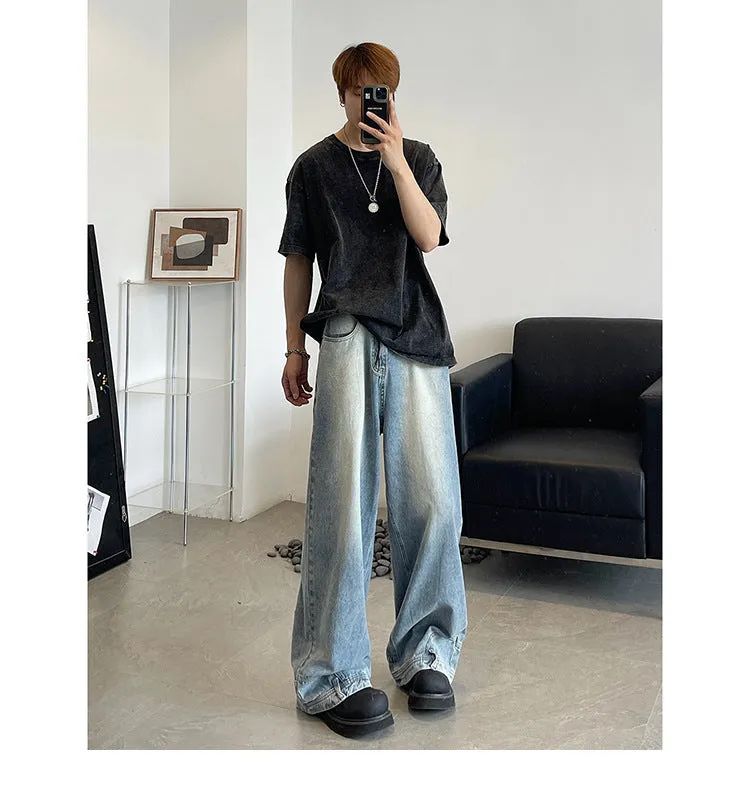 Retro Reverse Pocket Flip-down Jeans Men's Washed Wide-leg Pants