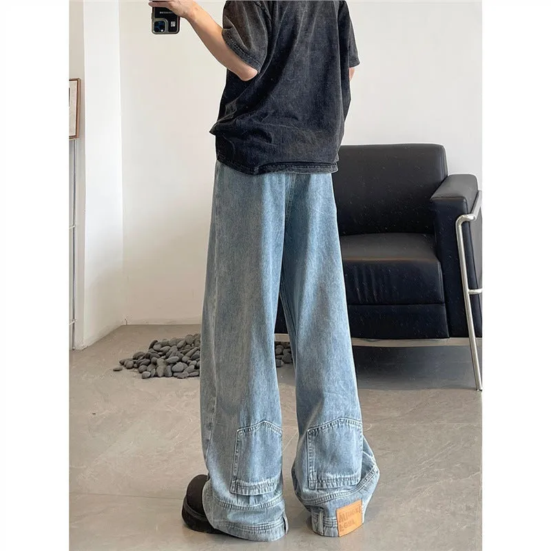 Retro Reverse Pocket Flip-down Jeans Men's Washed Wide-leg Pants