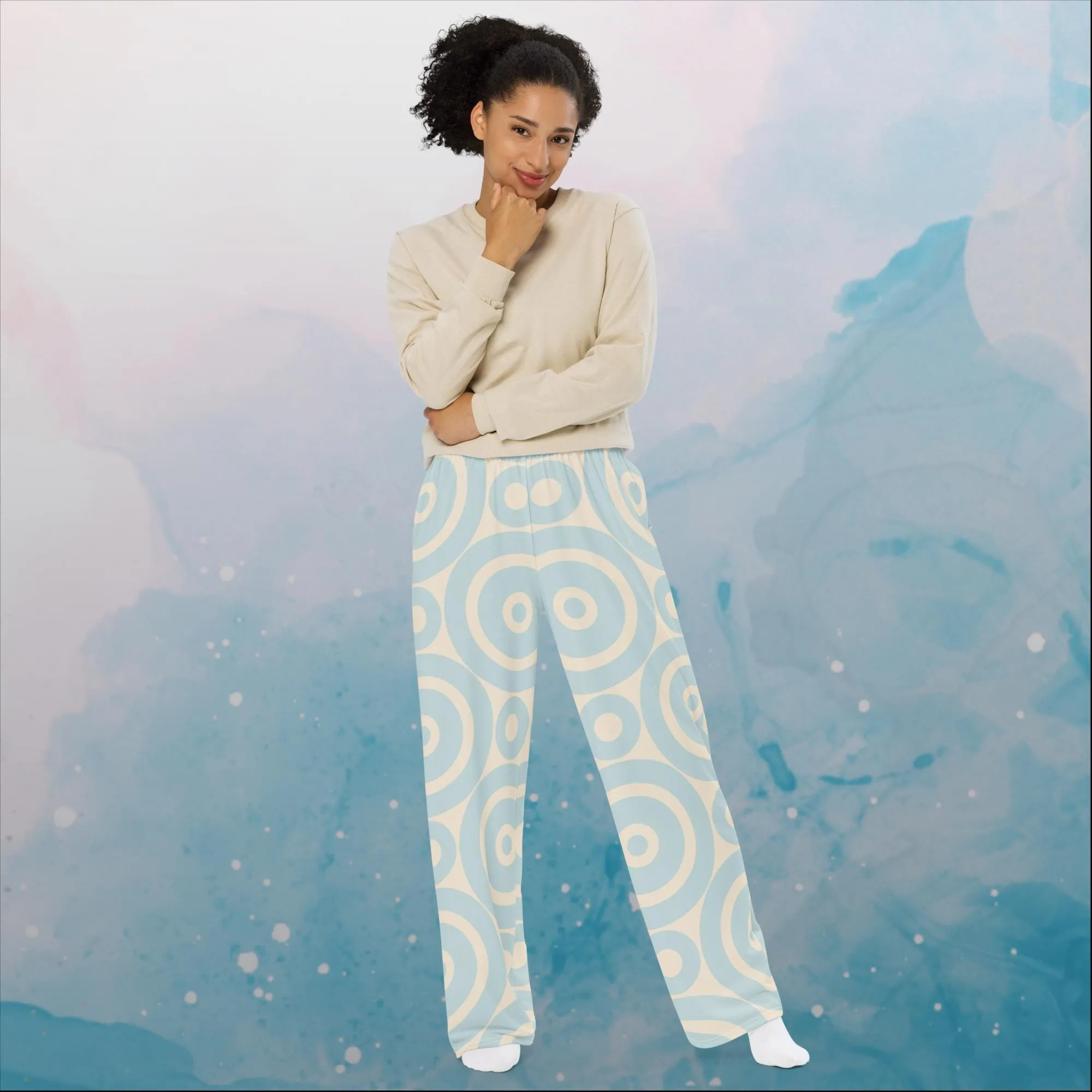 Robins Egg Blue Printed Target Circles Unisex Wide Leg Pants