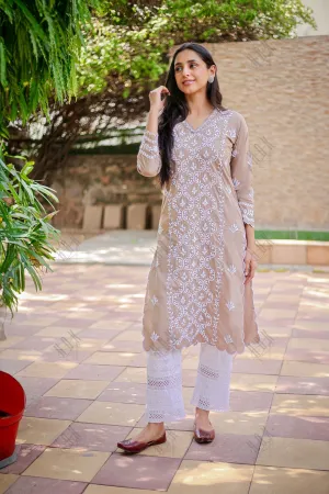 Saba Chikankari Long Kurta In Cotton - Brown