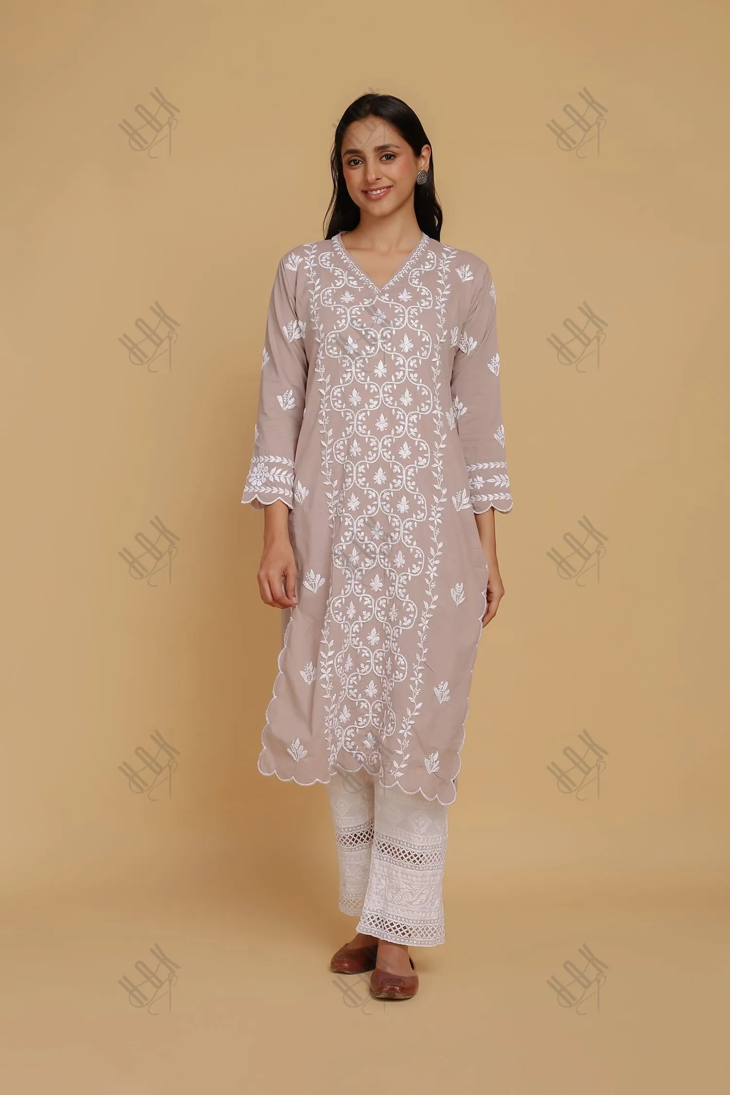 Saba Chikankari Long Kurta In Cotton - Light Lilac