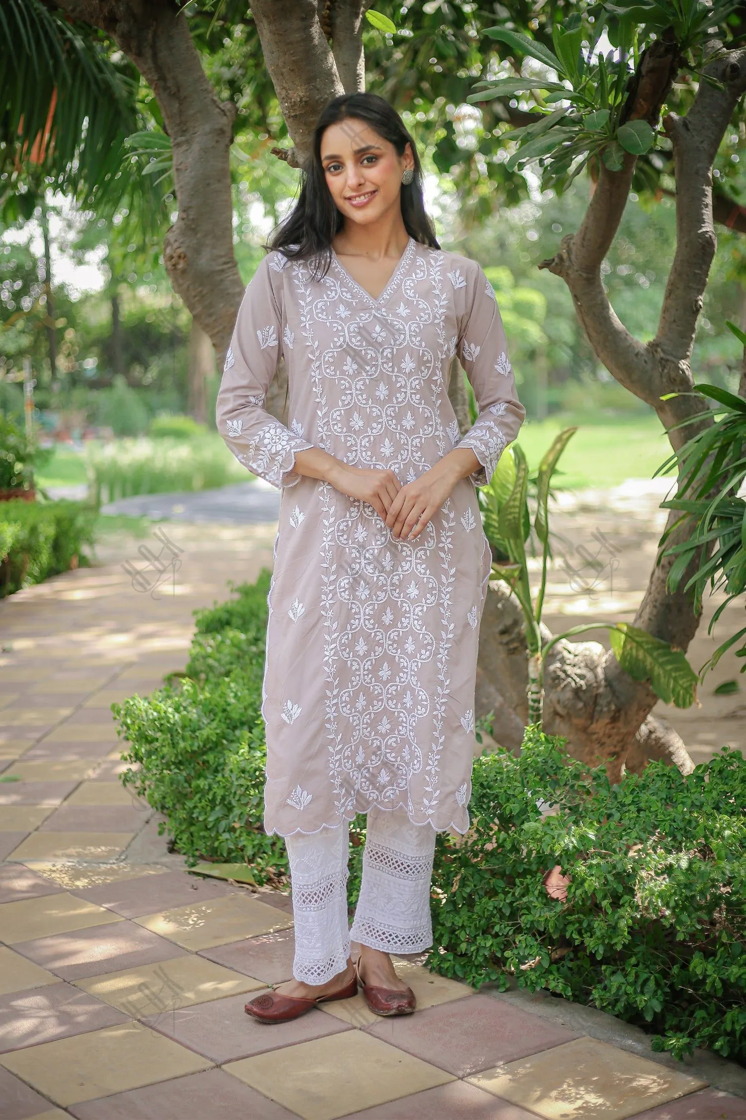 Saba Chikankari Long Kurta In Cotton - Light Lilac