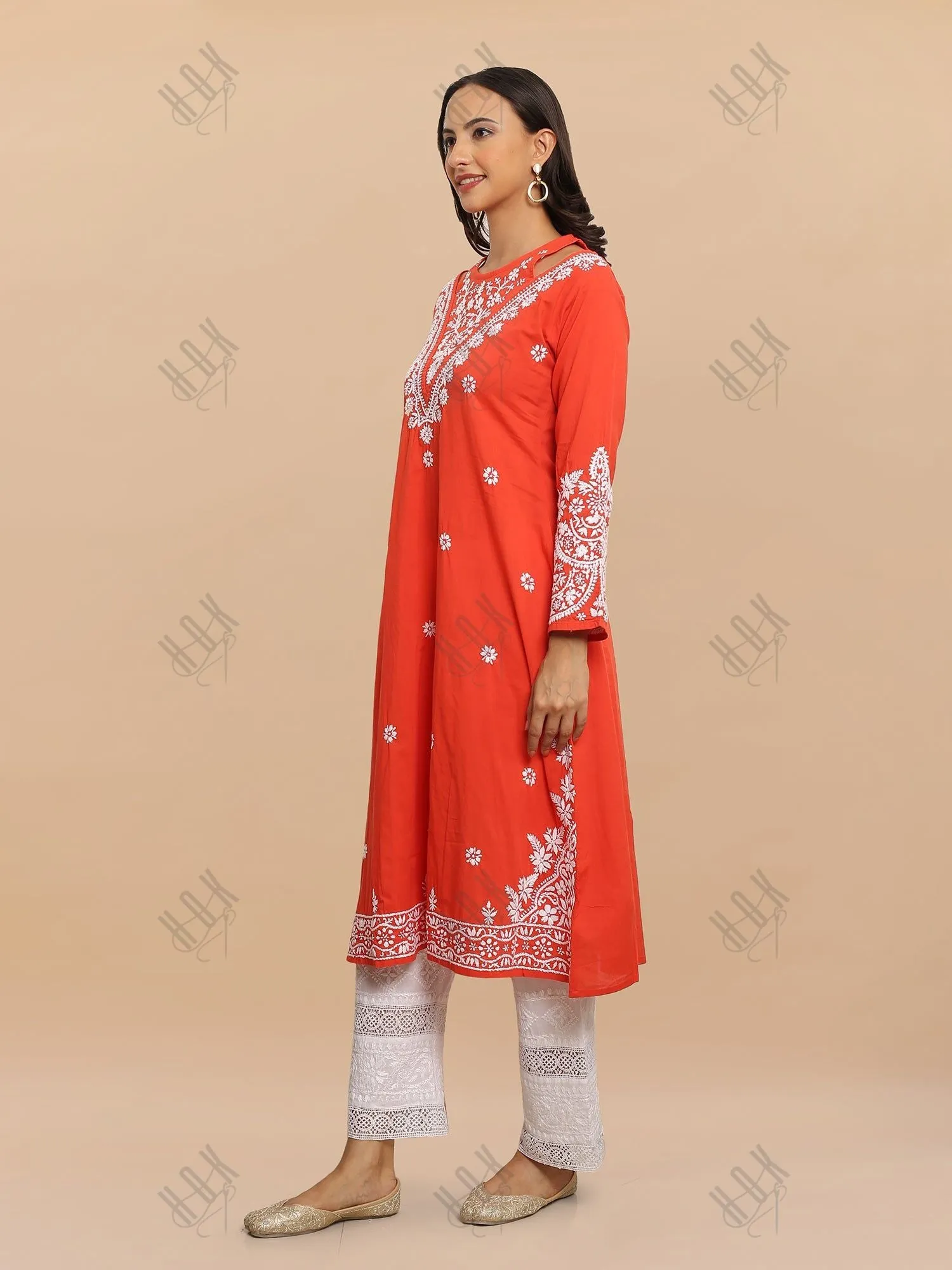 Saba Chikankari Long kurta in cotton - Red Orange