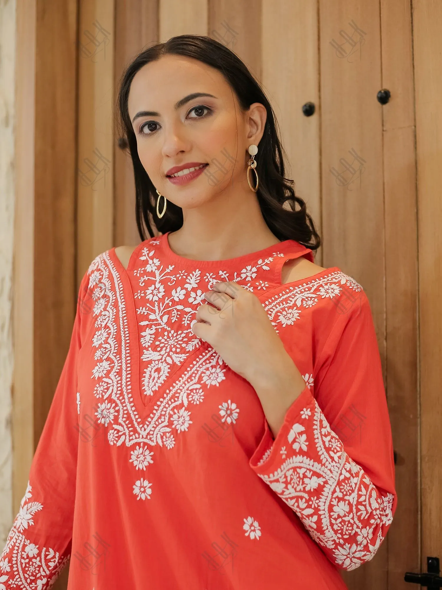 Saba Chikankari Long kurta in cotton - Red Orange