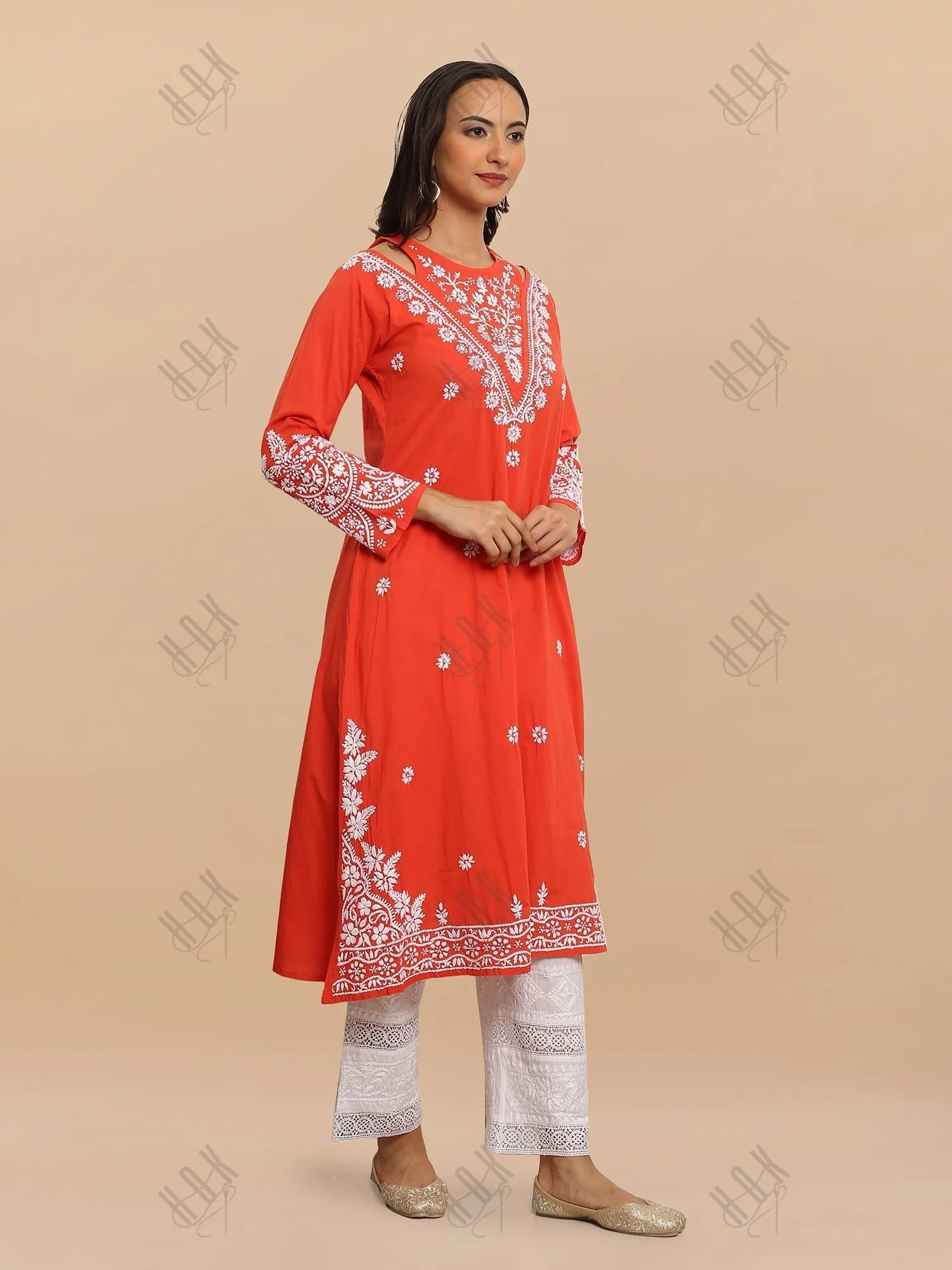 Saba Chikankari Long kurta in cotton - Red Orange