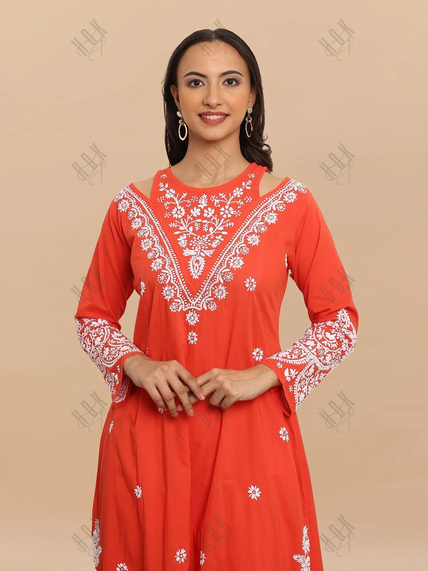 Saba Chikankari Long kurta in cotton - Red Orange