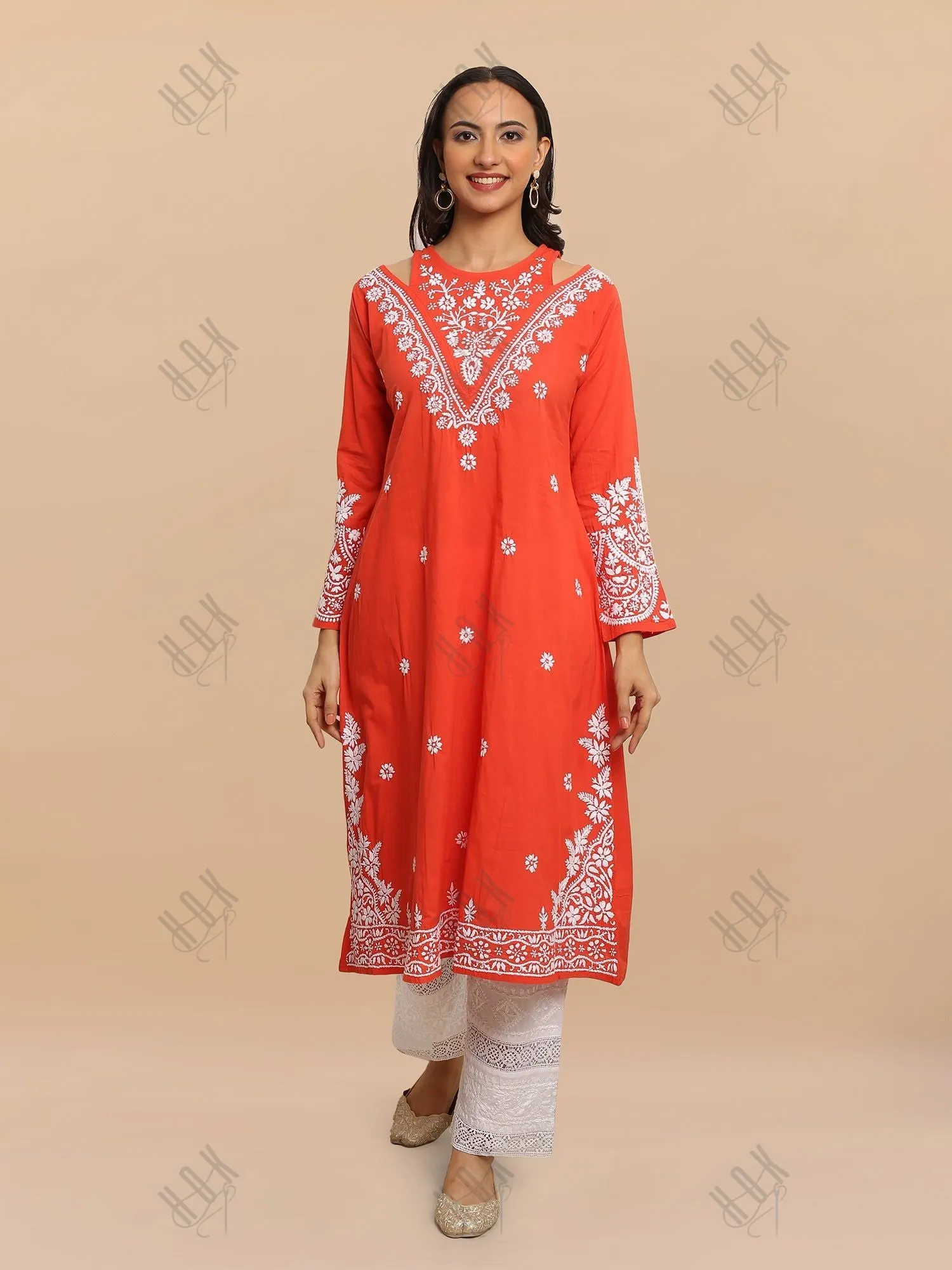 Saba Chikankari Long kurta in cotton - Red Orange