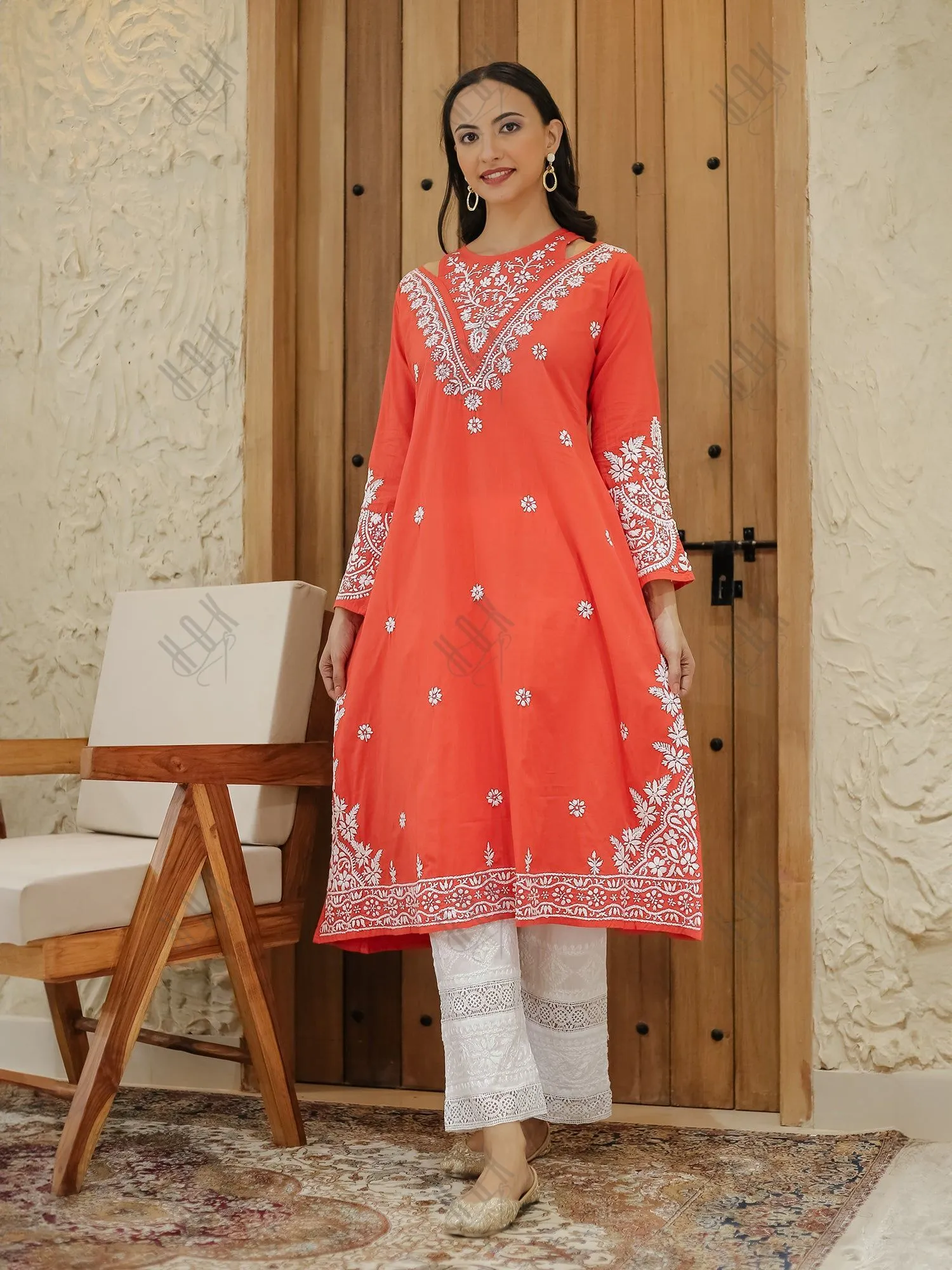 Saba Chikankari Long kurta in cotton - Red Orange