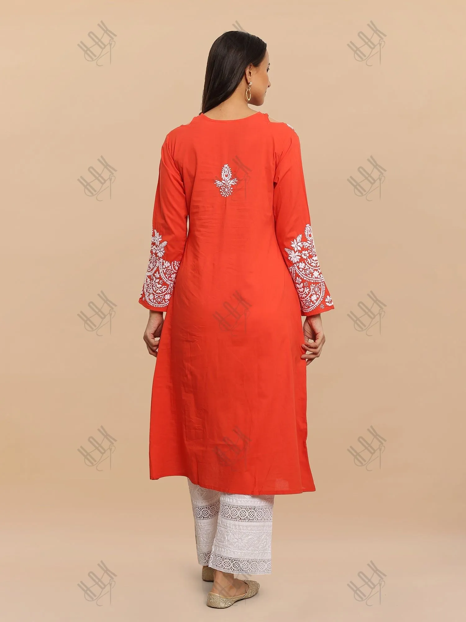 Saba Chikankari Long kurta in cotton - Red Orange