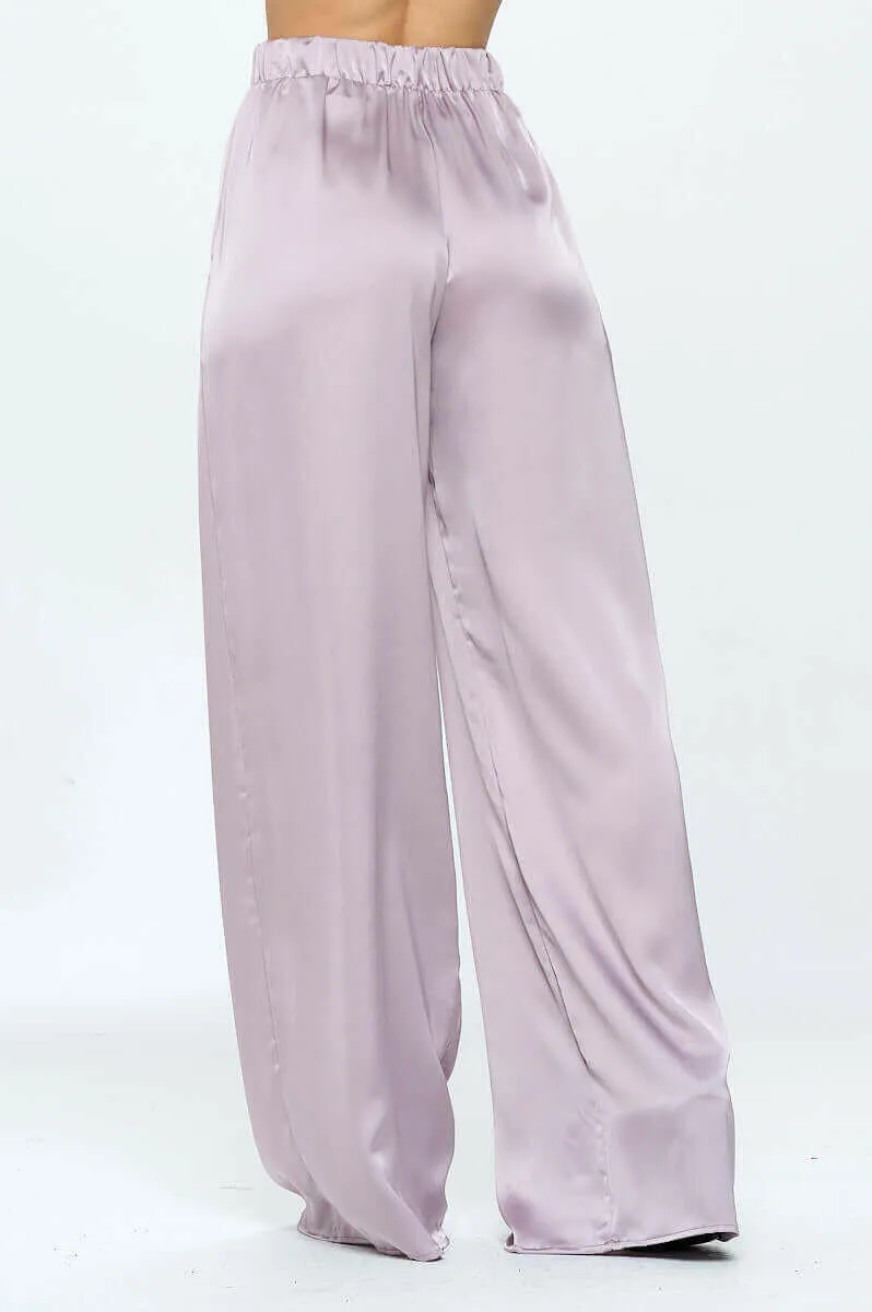 Stretch Satin Pants w/ Elastic Waist and Pockets