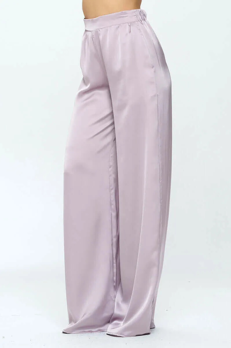 Stretch Satin Pants w/ Elastic Waist and Pockets