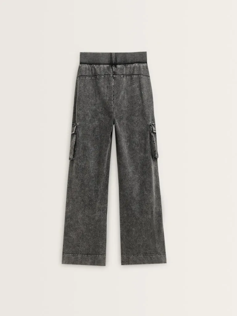 Studiofit Black Faded Mid-Rise Cotton Track Pants