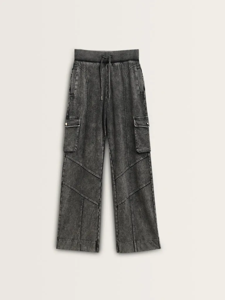 Studiofit Black Faded Mid-Rise Cotton Track Pants