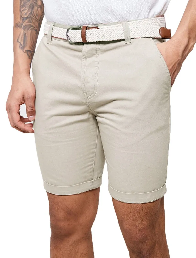 Theo Basic Chino Shorts with Woven Belt in Ice Grey