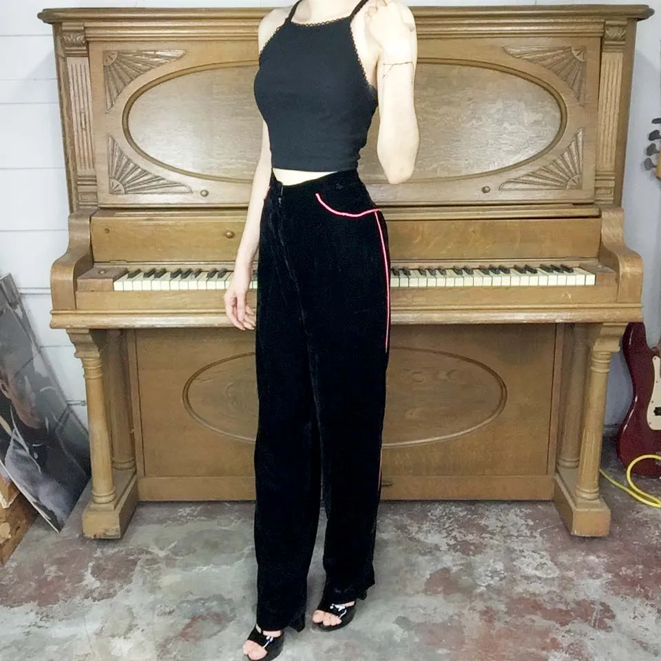 Vintage High Waisted Black Velvet Pants | Size S