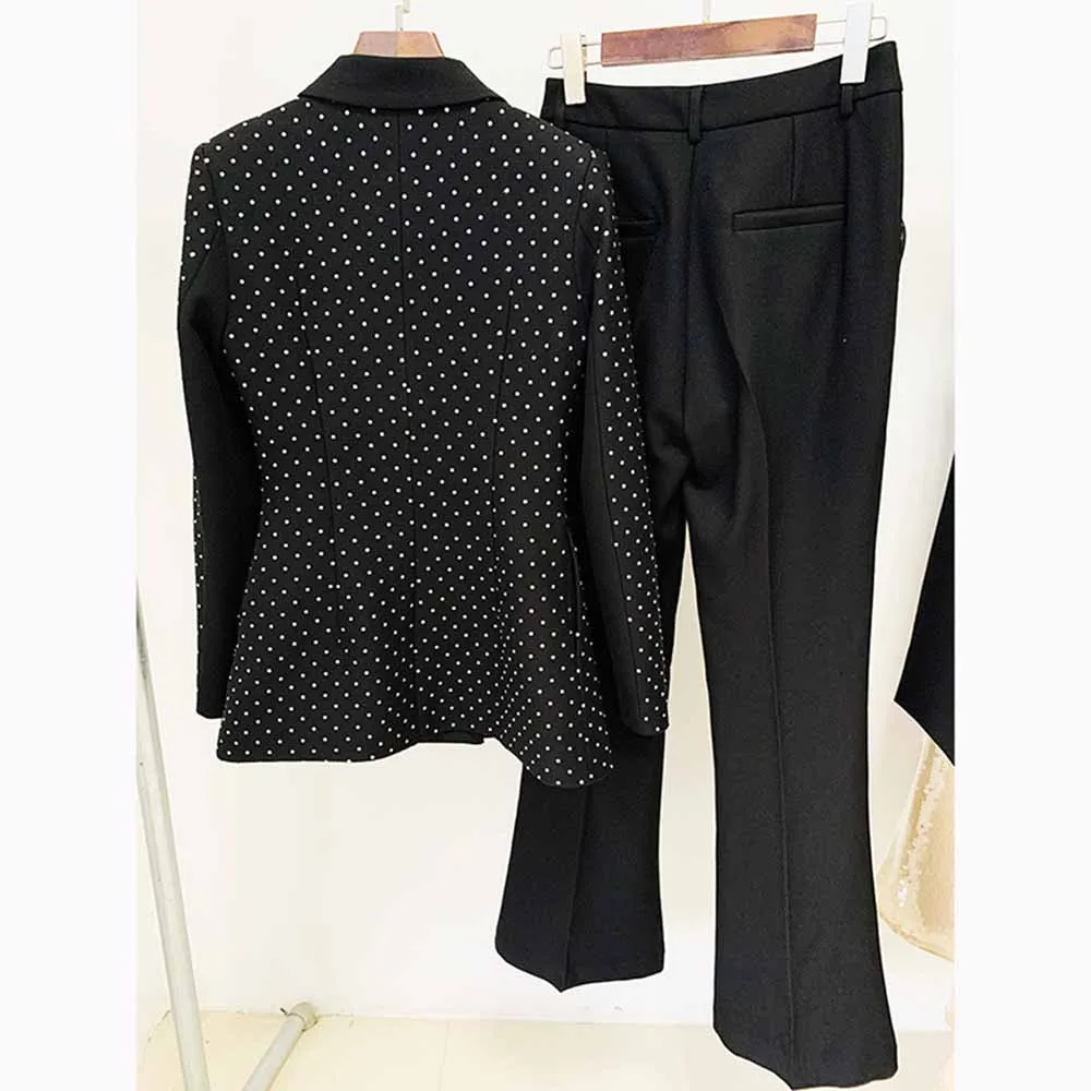 Women Black Pantsuits hot drilling Flare Bottoms Two Pieces Pants Set