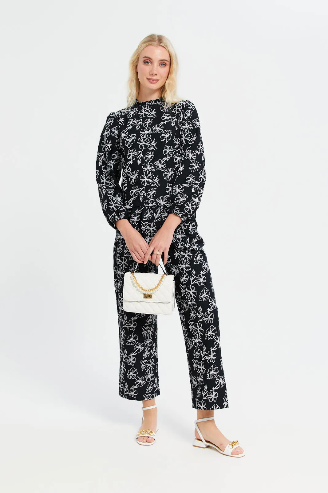 Women Black Printed Flared Trousers