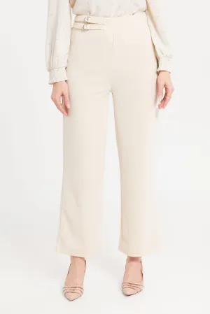 Women Ivory Buckle Detailed Wide Leg Trouser