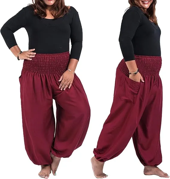 Women Red Hippie Harem Trousers, Plain Elasticated Waist Bottoms Boho Lounge Yoga Pants- S