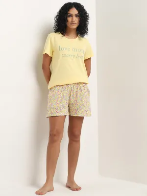 Wunderlove Yellow Ditsy Printed High-Rise Cotton Shorts