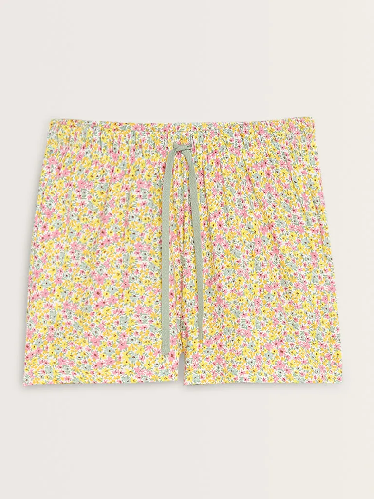 Wunderlove Yellow Ditsy Printed High-Rise Cotton Shorts