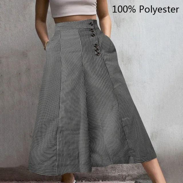 Yeknu Fashion High Waist Striped Pants Women Retro Work Trousers Autumn Casual Buttons Loose Elegant Party Wide Leg Pants