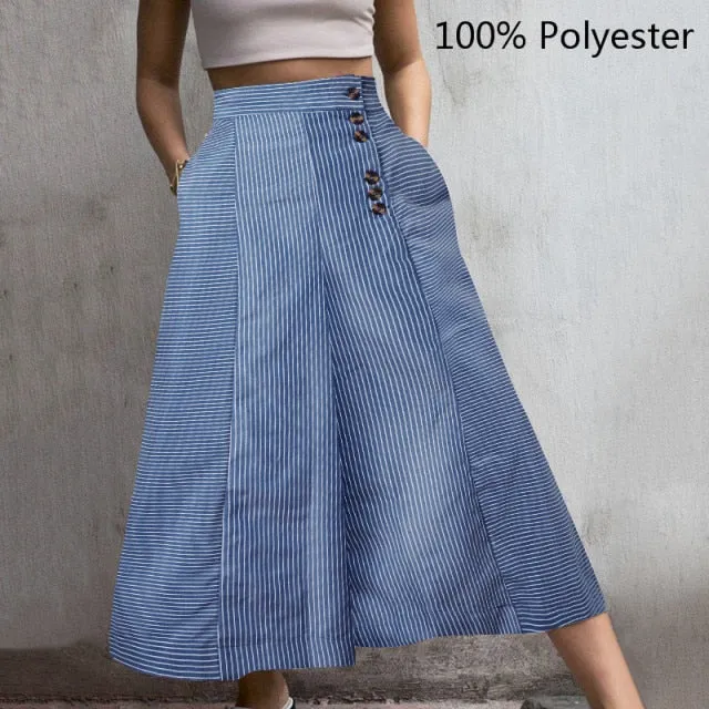 Yeknu Fashion High Waist Striped Pants Women Retro Work Trousers Autumn Casual Buttons Loose Elegant Party Wide Leg Pants