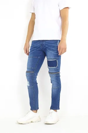 ZIP DETAIL DISTRESSED LOOK RIPPED SKINNY JEANS